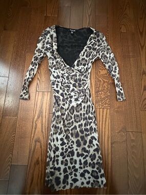 Leopard Print Wrap-Style Long Sleeve Dress - Brown/Black